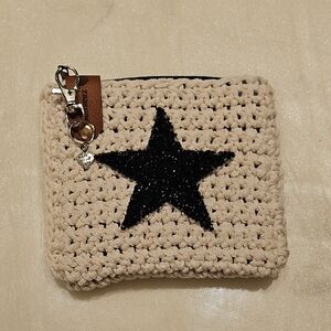 Crocheted Beige Key & Card Holder with Black Star
